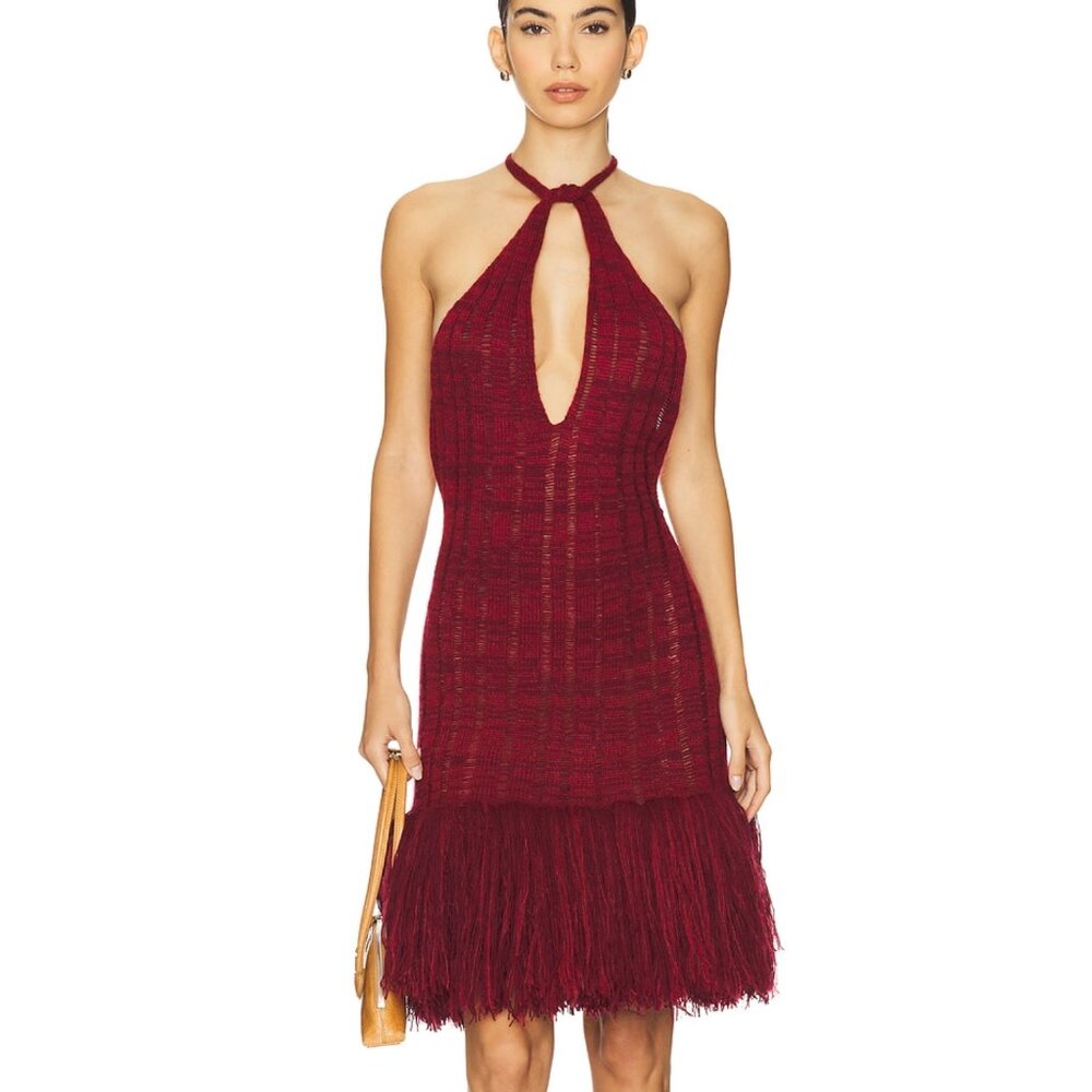 NEW George Trochopoulos Laddered Fringe Mini Dress in Burgundy And Deep Red Knit